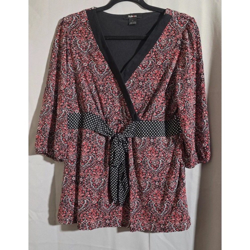 Style & Co Womens Red Paisley Polka Dot Faux Wrap Tunic Blouse Large